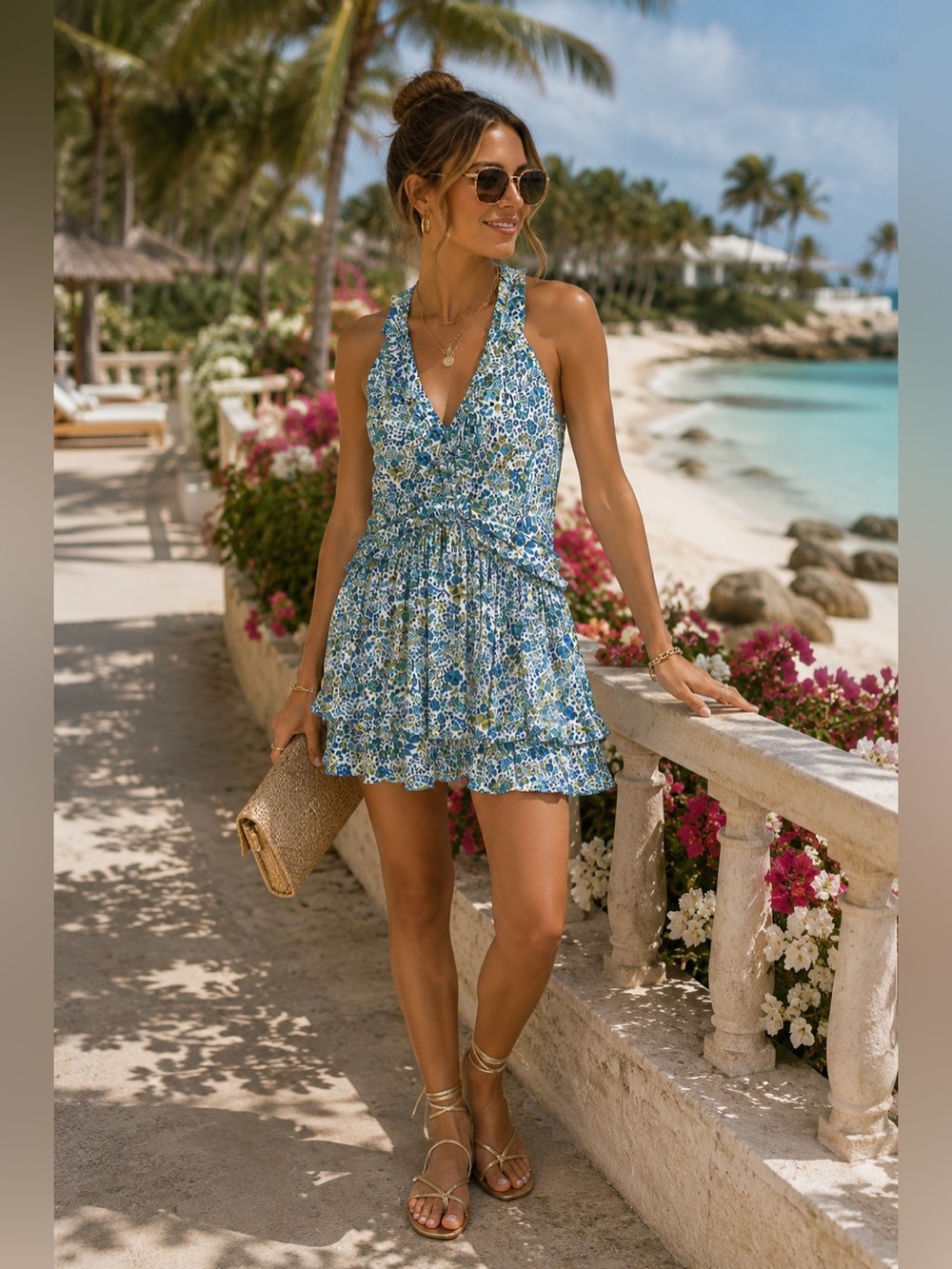 Poupette St Barth Mae Floral Ruffle Mini Dress XS Blue Green Boho Resort